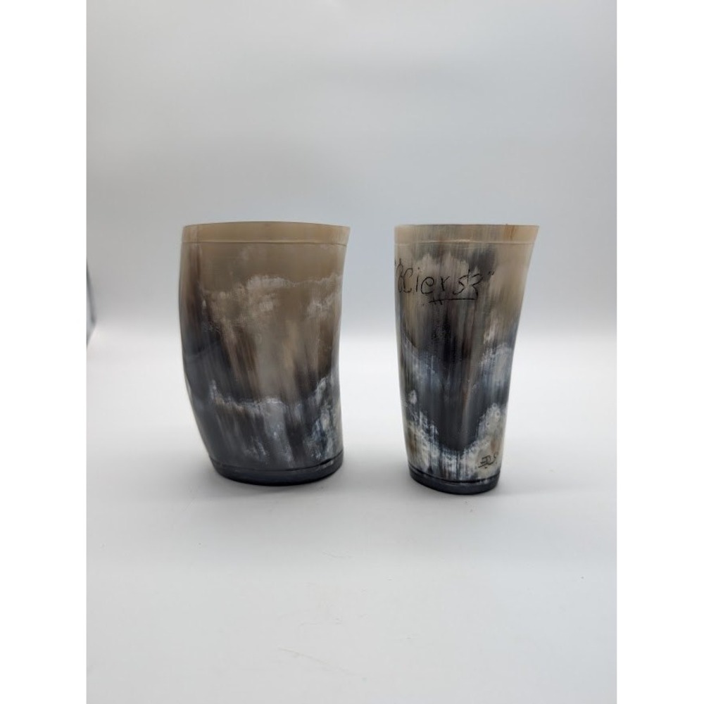 2 Set Vtg Handcrafted Natural Ox Horn Tumblers Cup Signed Viking Medieval Prop